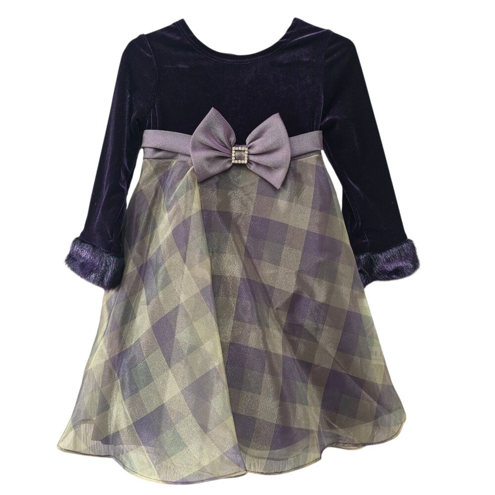 NEW Bonnie Jean Formal Dress Size 3T Purple Velvet Plaid Vintage Deadstock Midi